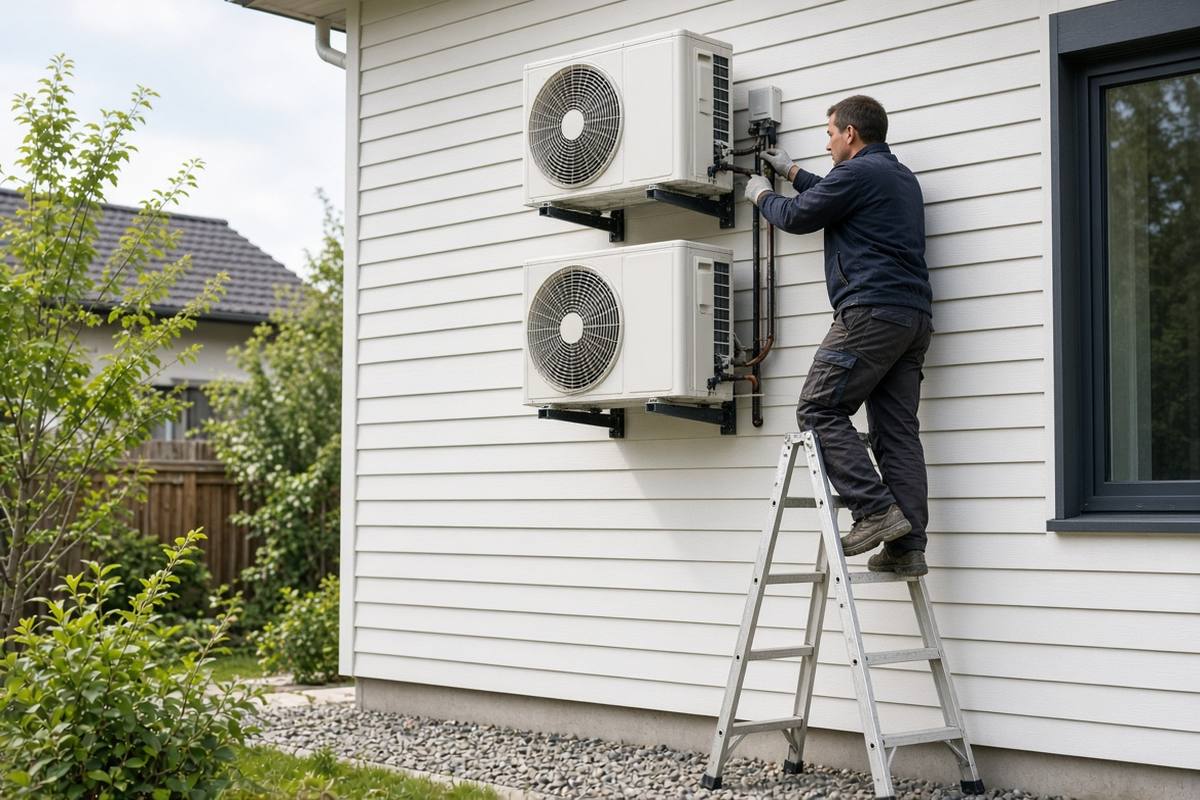Wanneer een Zonnepanelen inschakelen? — Installateur plaatst een airco aan de gevel